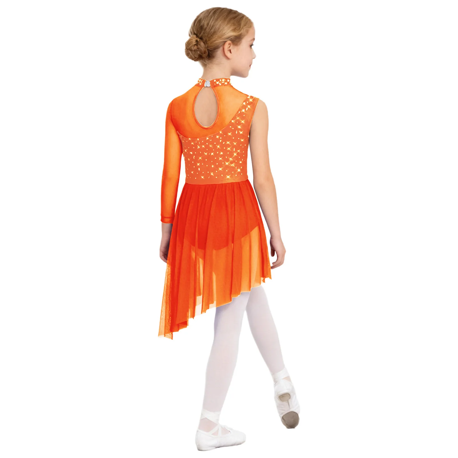 Kids Girls Modern Lyrical Dance Dress Mock Neck Cutout Mesh Patchwork Shiny Rhinestones Side Split Asymmetrical Leotard Dress