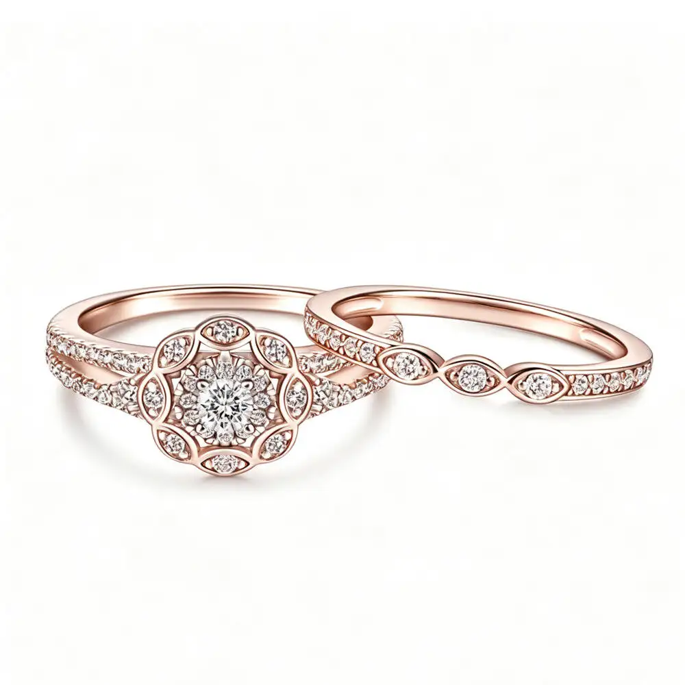 Two Piece Floral Halo Zircon Ring Set Gold Rose Silver Plated S925 Silver Vintage Stackable Wedding Band Jewelry Accessory