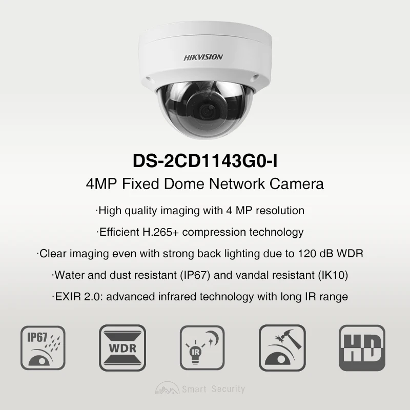 Hikvision 4MP Outdoor WaterProof Vandal-Proof Dome Camera Night Vision 30m Support Upgrade Motion Detection H.265 DS-2CD1143G0-I