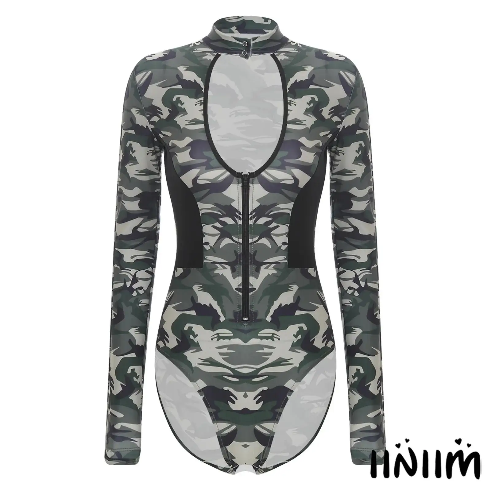 

Halloween Cosplay Fierce Commando Role Play Costume Women Camouflage Leotard Long Sleeve Front Keyhole Zipper Closure Jumpsuit