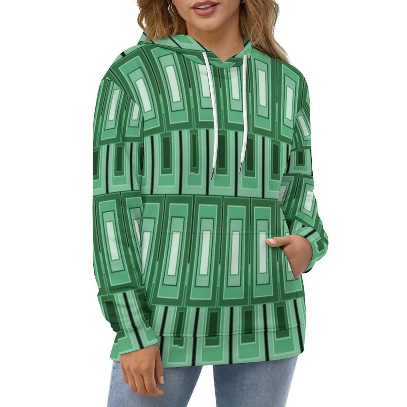 

Mid-Century Panton Art Casual Hoodies Green Rectangles Graphic Loose Hoodie Winter Long-Sleeve Streetwear Oversize Sweatshirts