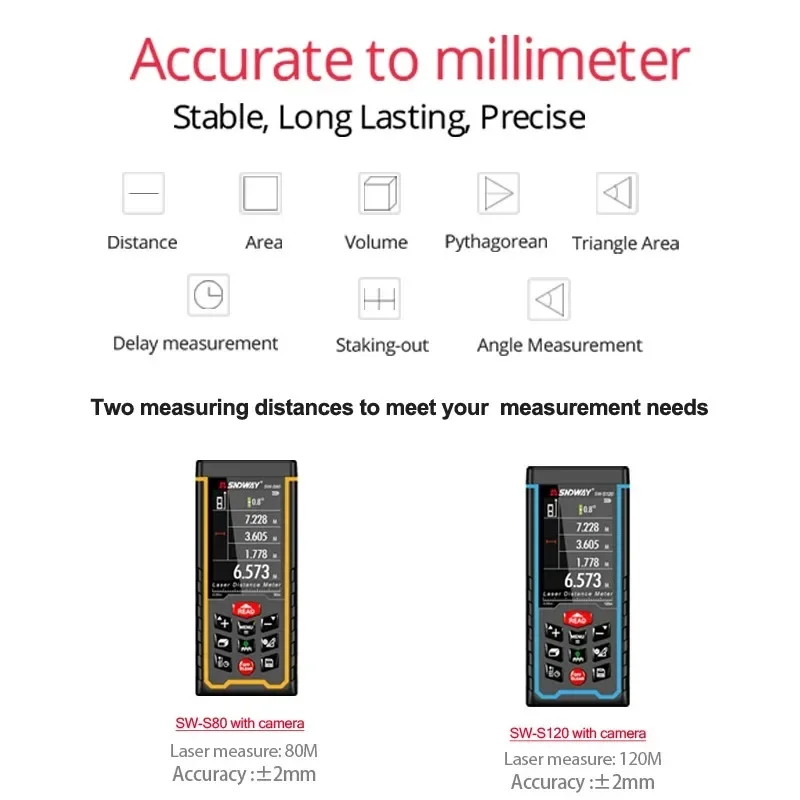 SNDWAY SW-120 Display Laser Distance Meter 80M 120M Camera Digital Meter Area Volumn Digital Angle Ruler Laser Rangefinder Tape