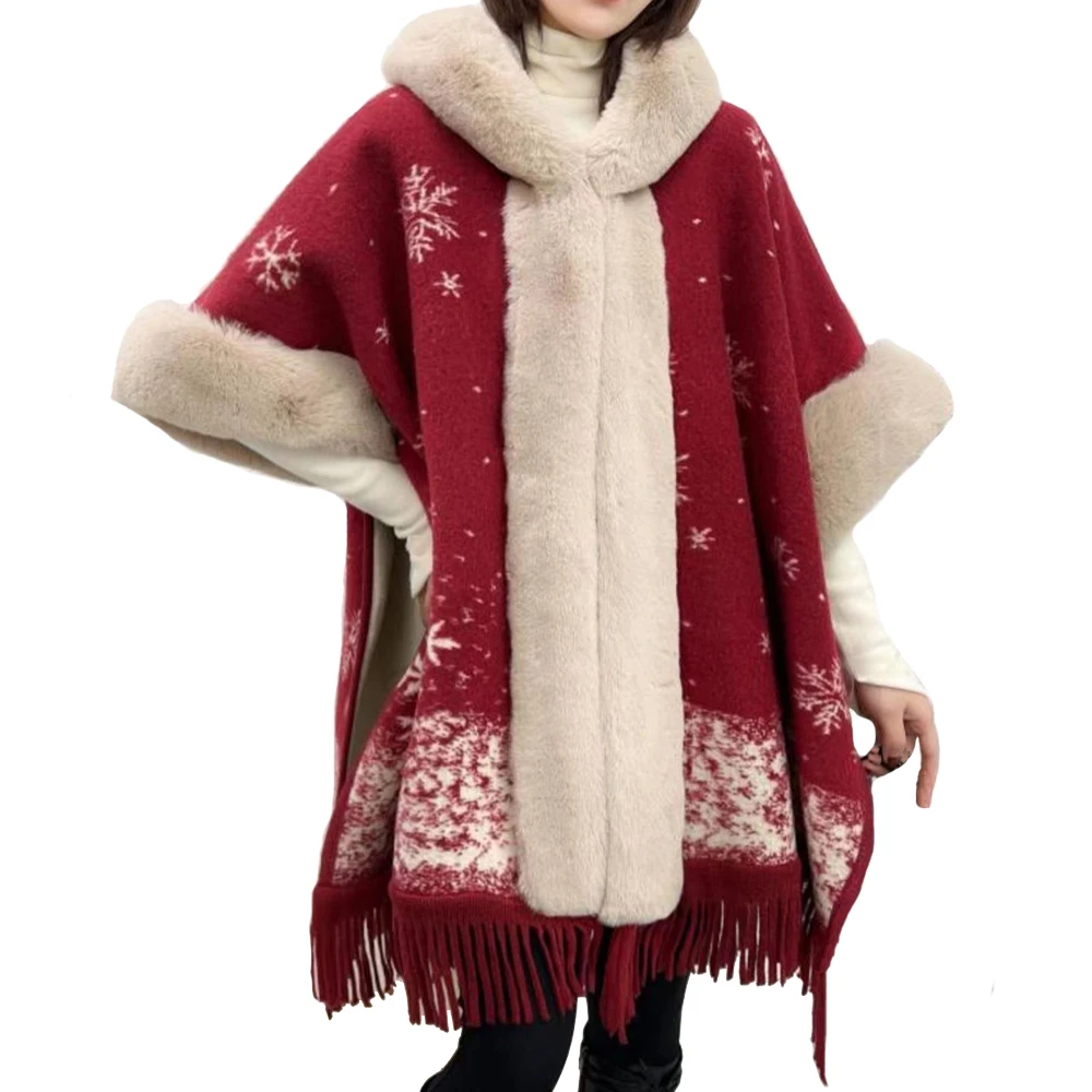 Soft Faux Fur Cloak Coat Hooded Loose Cape Winter Women Snowflake Print Christmas New Year's Thickened Coat Tassel Plush Wraps