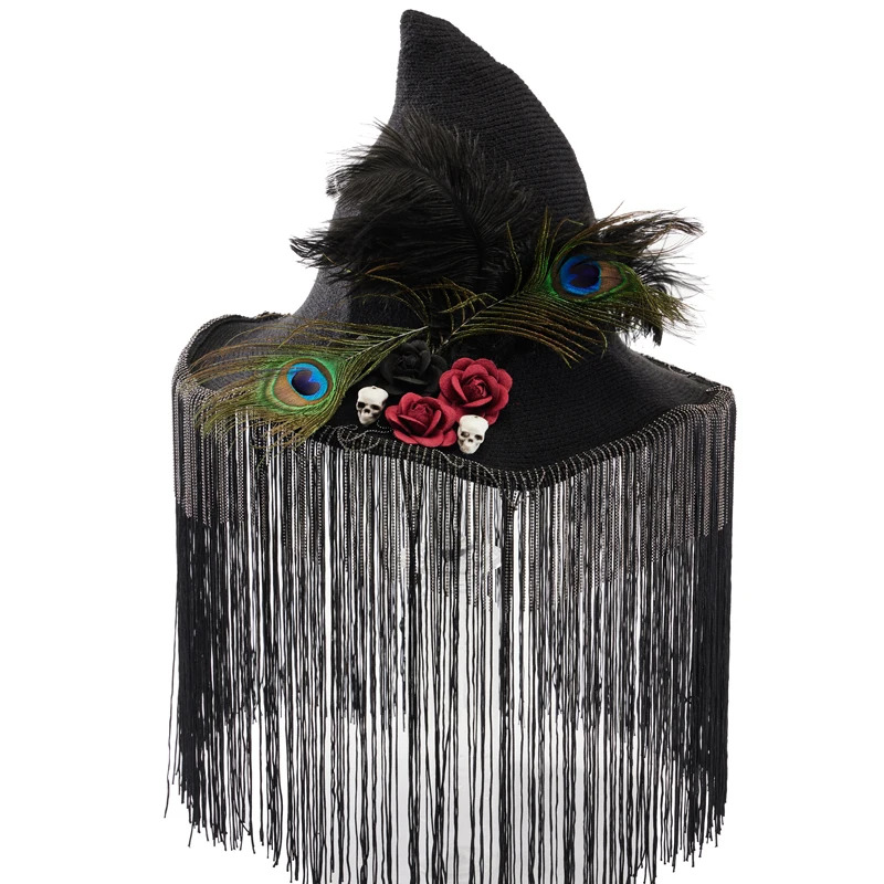 Witch Hat Halloween Cosplay Vintage Retro Witches Funny Hats Gothic Beaded Tassels Feather Rose Skull Wizard Fantasy Headwear