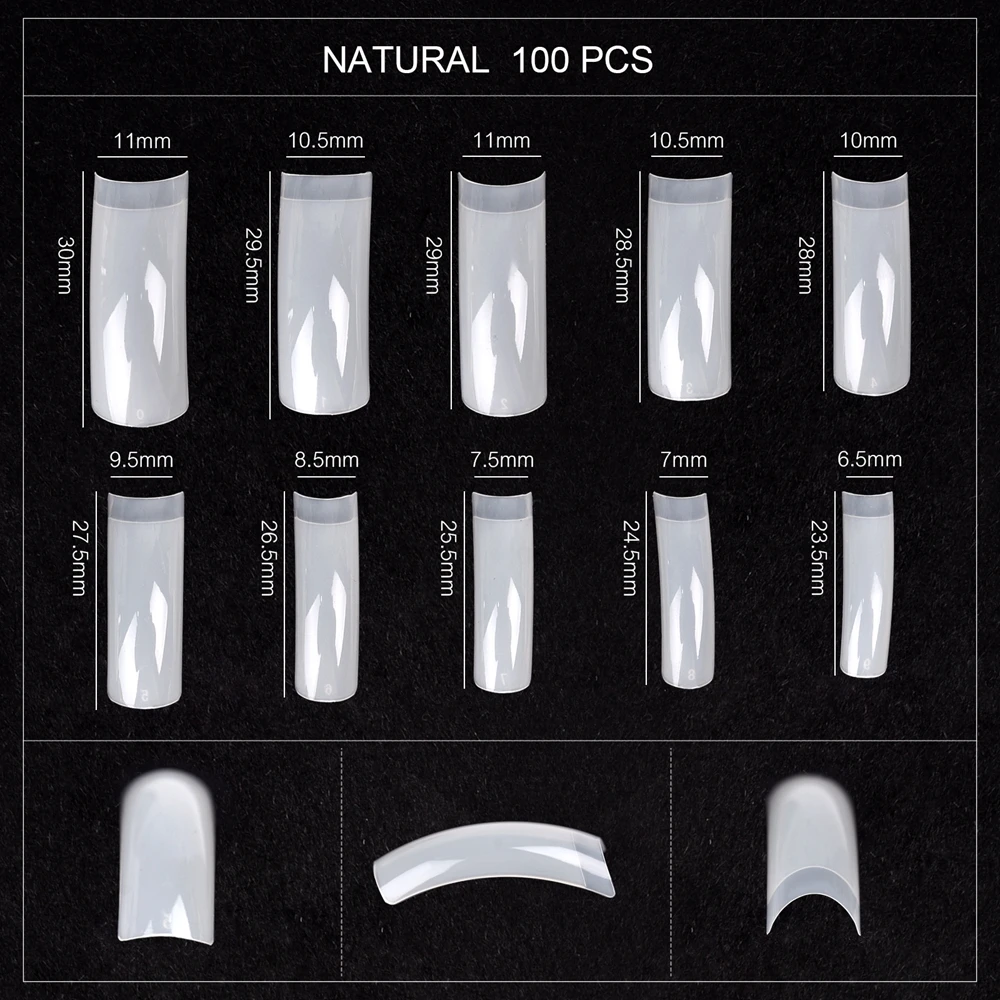 KADS 100 Pcs Nail Art Press on False Nails Tips Clear Natural Fake Nails Extension Half Cover Extra Long French Tips Curved