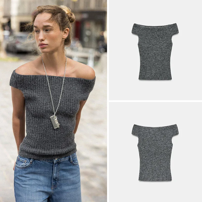 

Новый зимний женский вязаный однотонный облегающий топ в рубчик с открытыми плечами, повседневный модный свитер для девочек