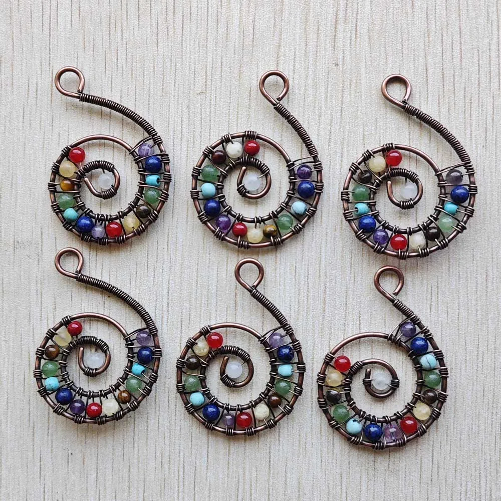 

New Fashion 7 Chakras Natural Stone Antique Copper Plated sea snail shape Pendants for necklaces making Wholesale 6pcs/lot free