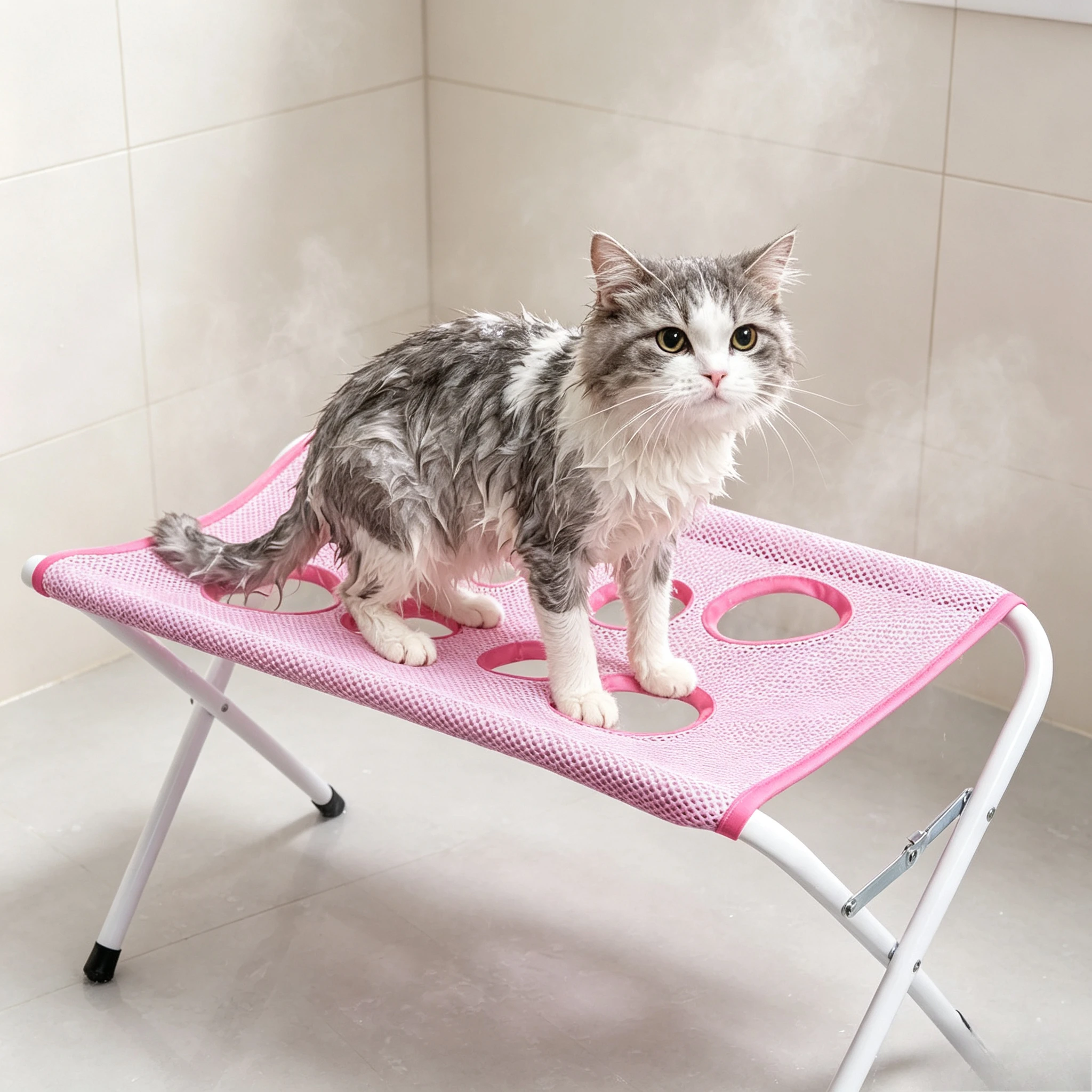 Foldable Pet Grooming Hammock Stand Quick‑Dry Mesh Bathing Holder Nail Trimming Rack for Small Medium Cats Grooming Pet Supplies