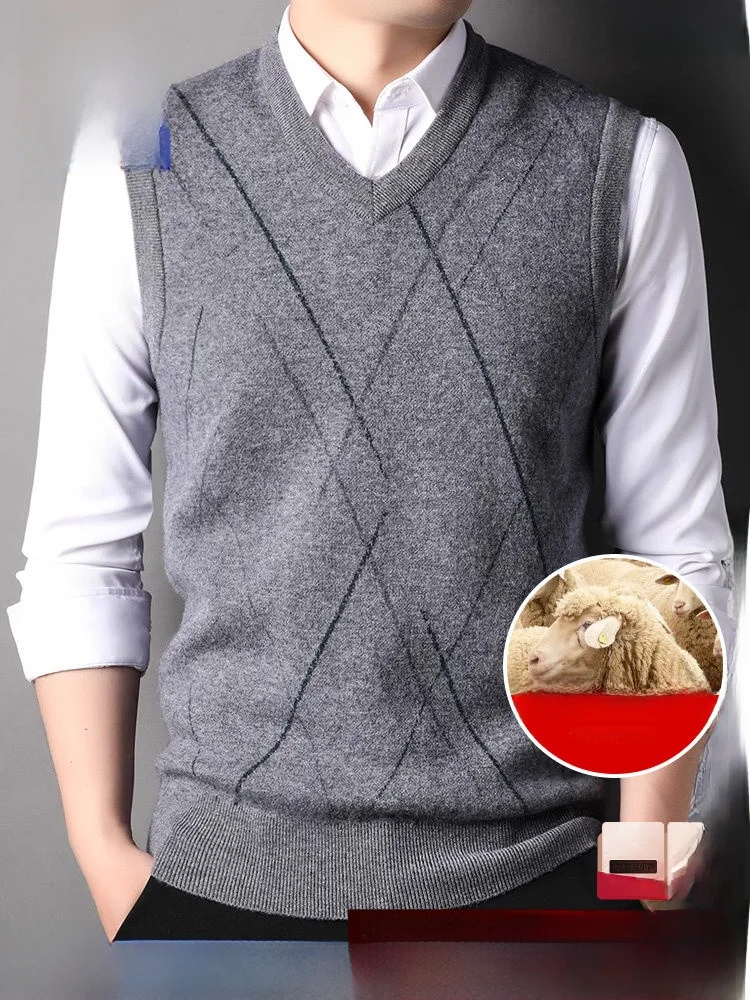 Lormen Men's Fashion V-Neck Business Knitted Vest 100 Pure Wool Autumn New Style Youth Straight Hemline Inner Wear Casual