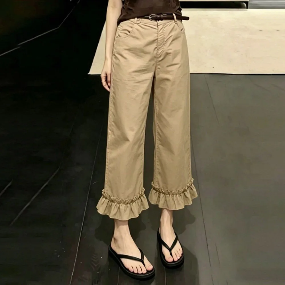 Khaki ruffle edge pants straight-leg pants women's 2026 summer popular new simple casual age-reducing wide-leg pants