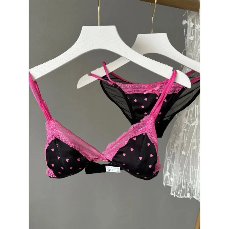 French Style Triangle Cup Satin Lace Lingerie Set Wireless Small Bust Gathered Thin Soft Fabric Sexy Daily Underwear S-XL Suit