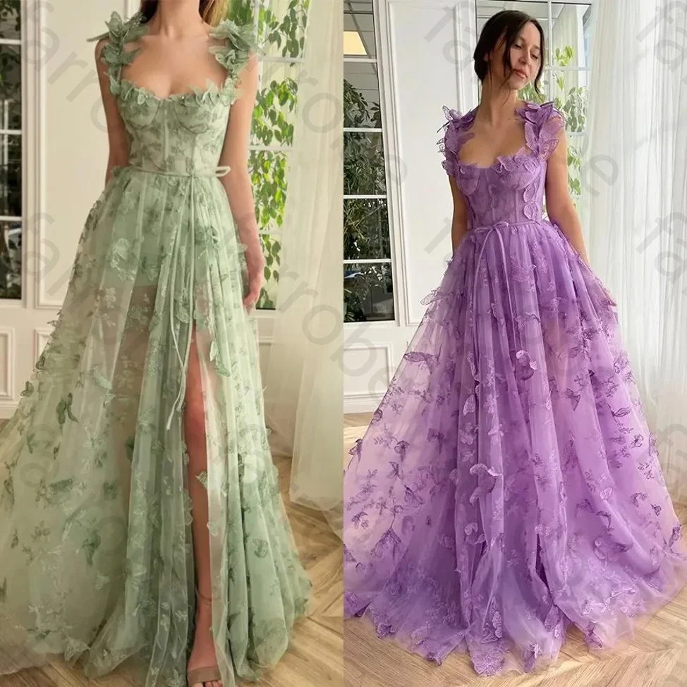 

Customized Corset Long Tulle Prom Dress with 3D Butterflies Sexy Slit Ball Gown Evening Dresses Party Wedding Formal for Women