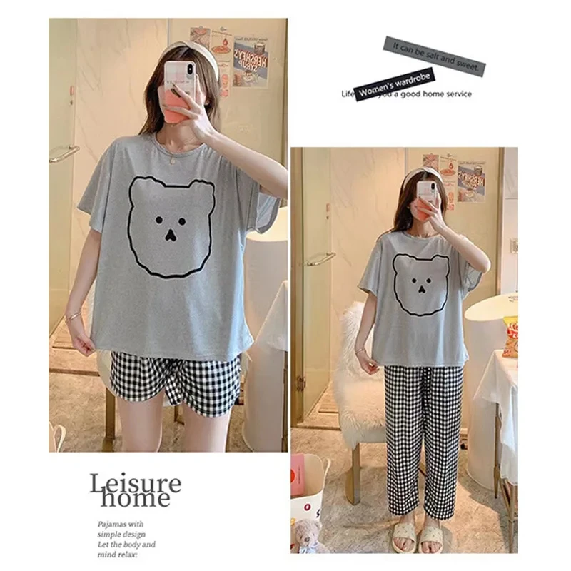 Pajamas Three-Piece Female Summer Maternity Short-Sleeved Loose Large Size Pajamas Homewear Nursing Clothes Homewear Set