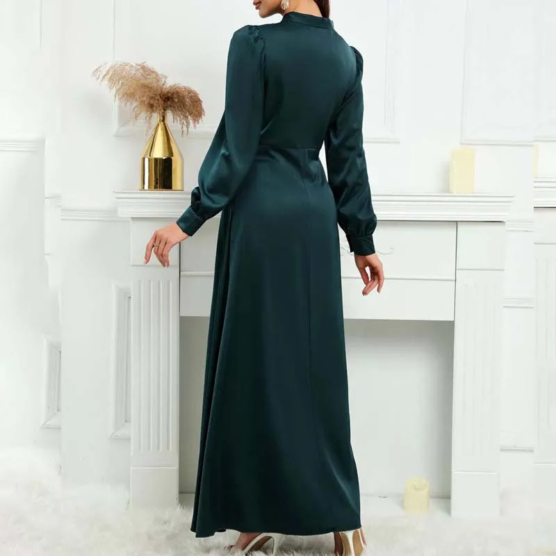 Women Fashion Satin Long Dress Bowtie Chic Elegant Evening Dresses Muslim Lady Abaya Turkey Dubai Morocco Kaftan Arab Green Robe