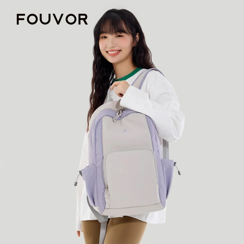 FOUVOR Women Large Backpack 2026 Canvas Nylon Waterproof with Side Drawstring Pockets Lightweight Student School Bags 3047-18