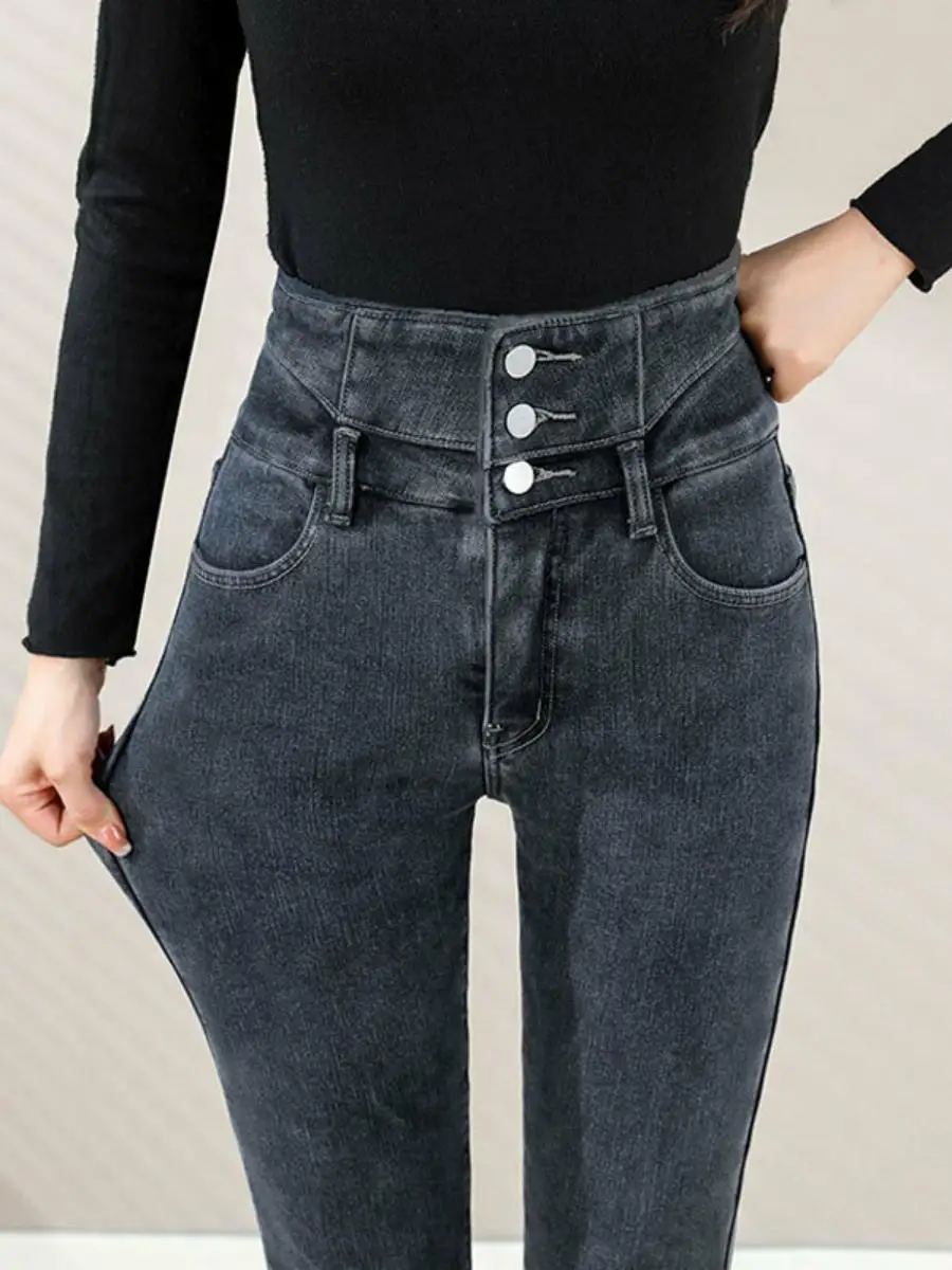 

Эластичные облегающие джинсовые капри с высокой талией, женские брюки-карандаш на пуговицах с контролем живота, синие узкие брюки-карандаш с вырезом