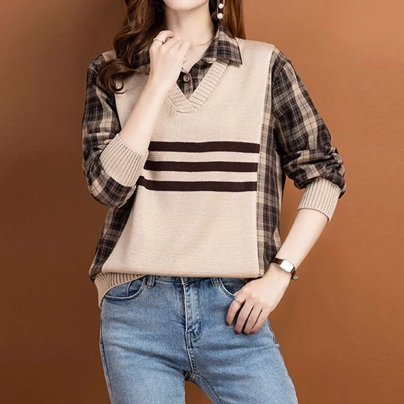 

Autumn Winter New Casual Plaid Spliced Fashion Knitted Tops Women's Clothing Fashion Trend Fake Two Pieces Sweaters for Female