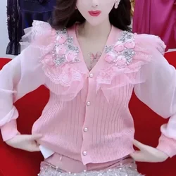 High-End Design Sense Heavy Industry Beaded Stereo Flower Ruffled V-neck Knitted Cardigan Small Jacket Mesh Bubble Sleeve Top