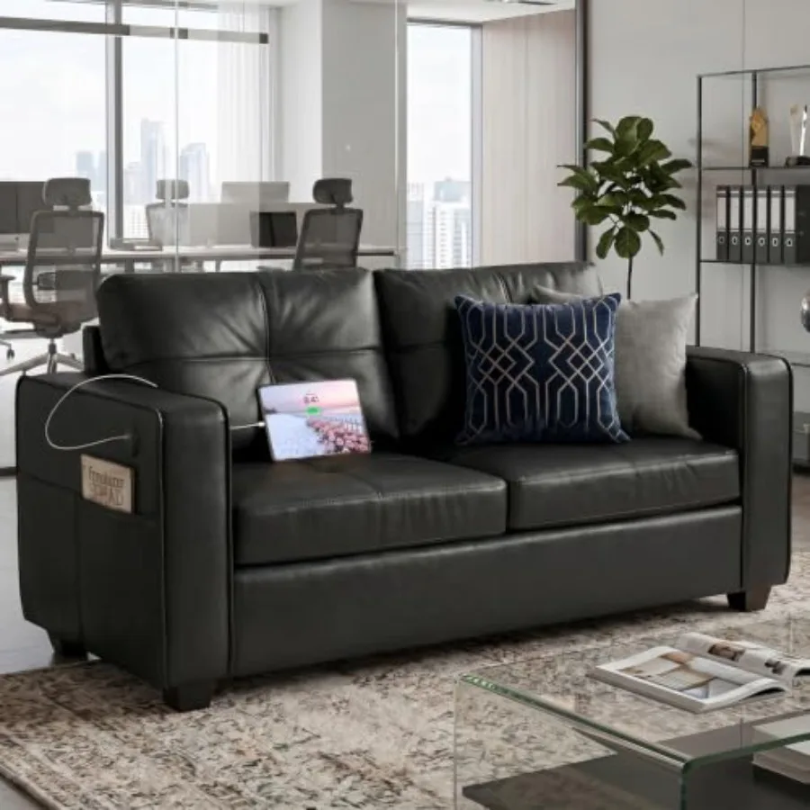 65'' Faux Leather Loveseat with USB for Living Room, Black, Premium Soft Texture and Built-in Charging Ports