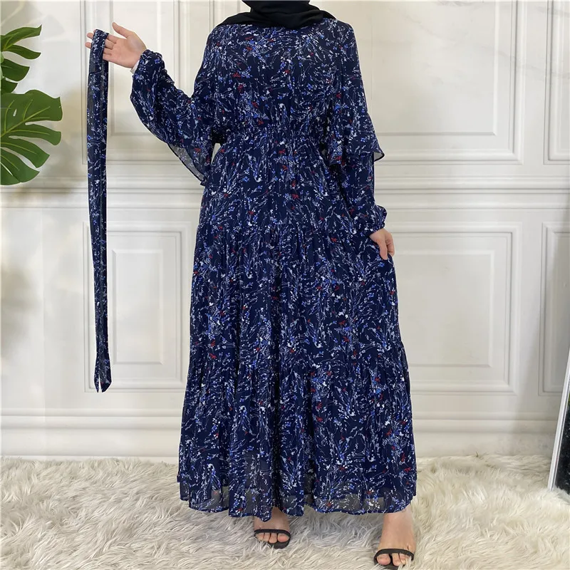 

Ramadan Women Elegant Muslim Abaya Chiffon Floral Print Long Maxi Dress Dubai Kaftan Arab Party Jalabiya Belted Clothing Vestido