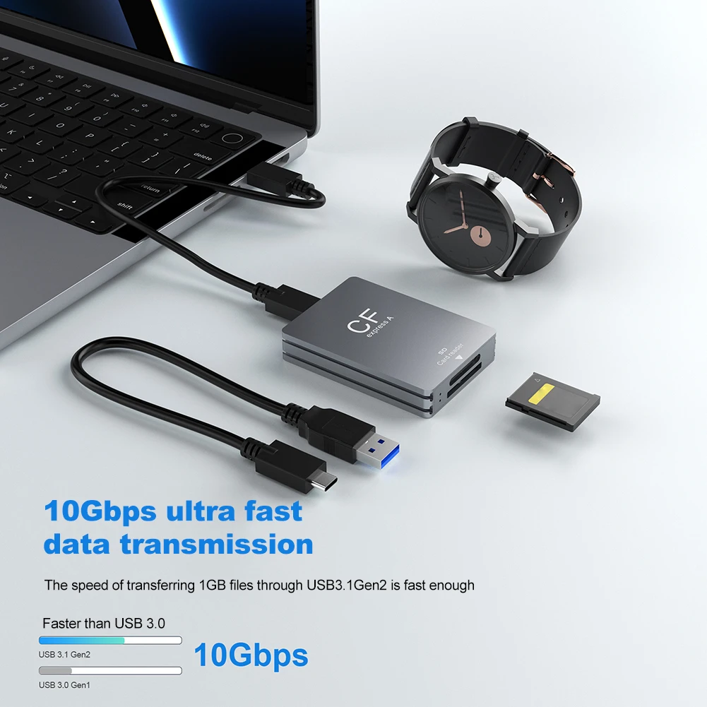 قارئ بطاقات SD 2 في 1 CFexpress من النوع A USB 3.2 بسرعة 10 جيجابت في الثانية مع كابل USB C إلى USB C/A يدعم نظام التشغيل Android/Windows/Mac لـ SLR