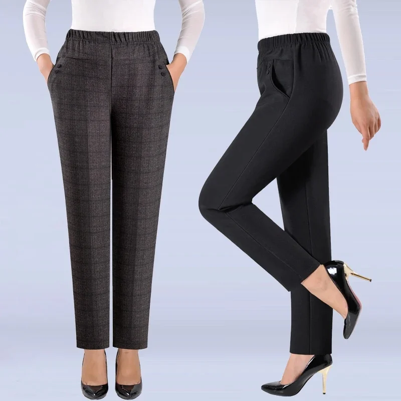 Plus size 8XL Autumn Women Trousers Oversize Elastic High Waist Loose Casual Pants Middle-aged Female Winter Warm Stretch Pants
