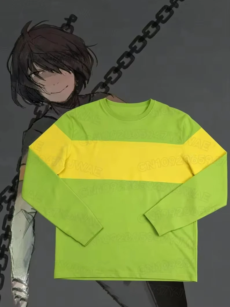 Jungen-, Mädchen-, Kinder-Deltarune-Kris-Cosplay-Langarmshirt, modisches, grün-gelb gestreiftes Pullover-T-Shirt für Damen und Herren. – Detail 7