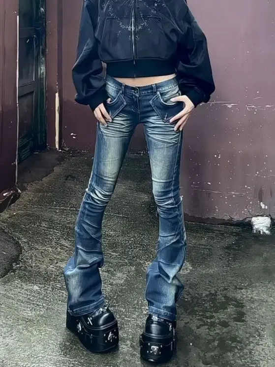 بنطلون جينز نسائي عتيق باللون الأزرق منخفض الارتفاع مطرز بتصميم أمريكي عتيق Y2K من قماش الدنيم المغسول بقصة ضيقة بنطال واسع الساق #4