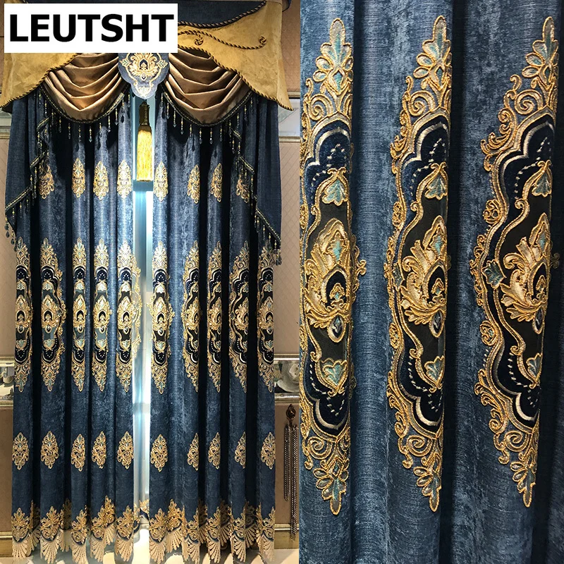 

European-style Curtains for Living Dining Room Bedroom Light Luxury Hollow Curtain Luxury Chenille Embroidery Valance Sale