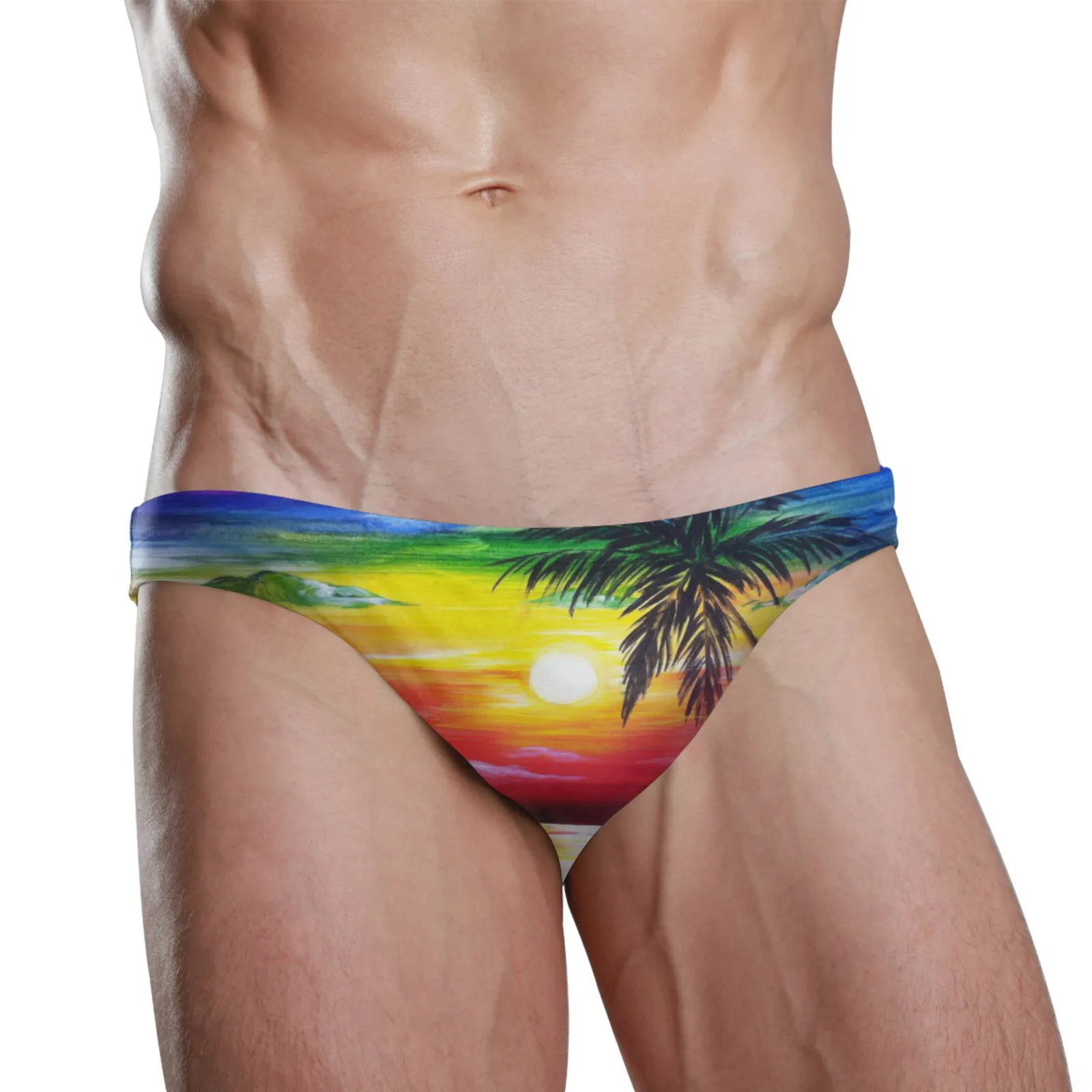 Sexy Men Swimwear Polyester Quick Dry Palm Tree at sunset Swimming Briefs Gay Low Waist Swimsuits Beach Pool Spa Bathing Panties