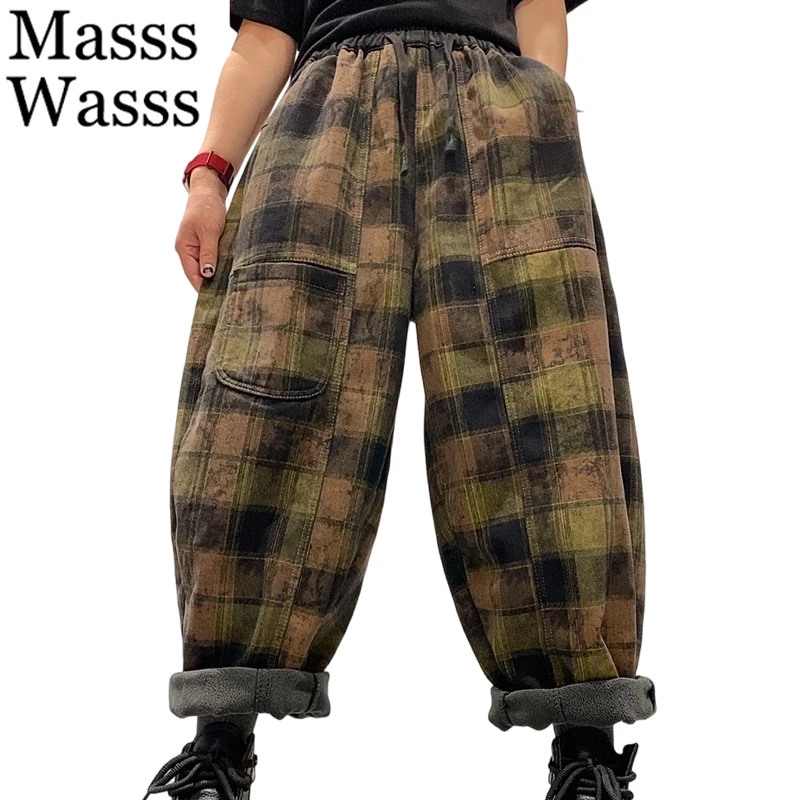 

Masss Wasss Winter Womens Fashion Plaid Fur Jeans Loose Vintage Thicken Denim Pants Ladies Leisure Classic Warm Harem Trousers