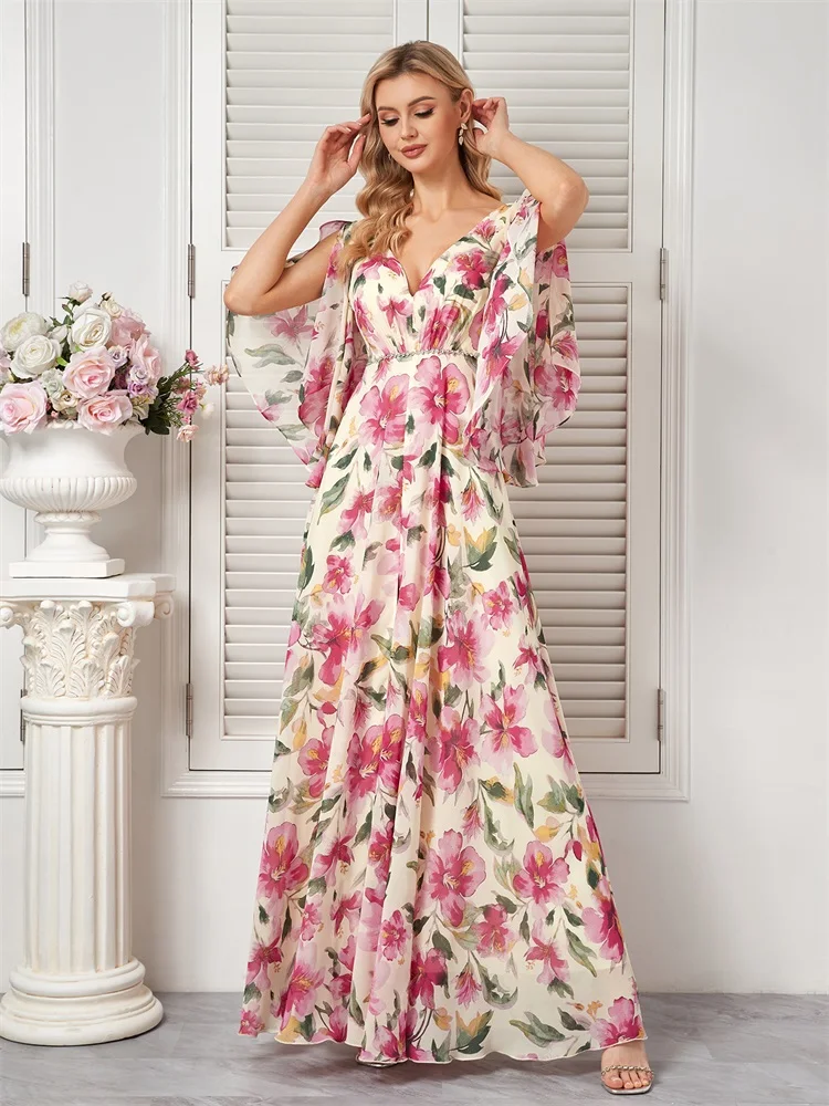 XUIBOL-Robe de soirée élégante en mousseline de soie pour femme, tenue de luxe, à manches évasées, à la mode, pour mariage, demoiselle d'honneur