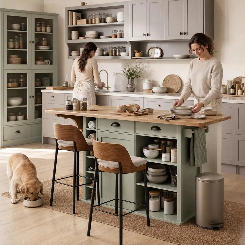 Îlot central de cuisine avec plateau pliant, desserte de cuisine sur roulettes avec 2 tables, porte-serviettes, vert