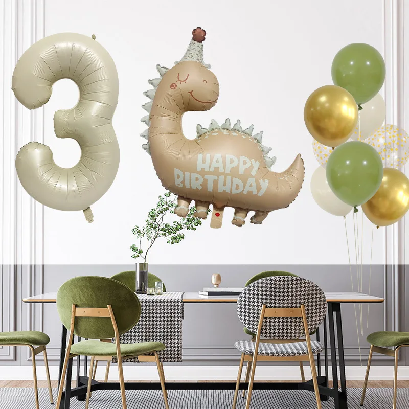 Retro Matte Caramel Colored Dinosaur Aluminum Film Number Balloon Set Happy Birthday Party Decoration Kids Background Photo Prop