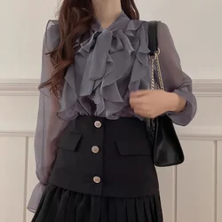 New Korean Chiffon Blouse Women Office Lady Fashion Tops Sweet Bow Shirts Women Casual Long Sleeve Summer Clothes Blusas 13864