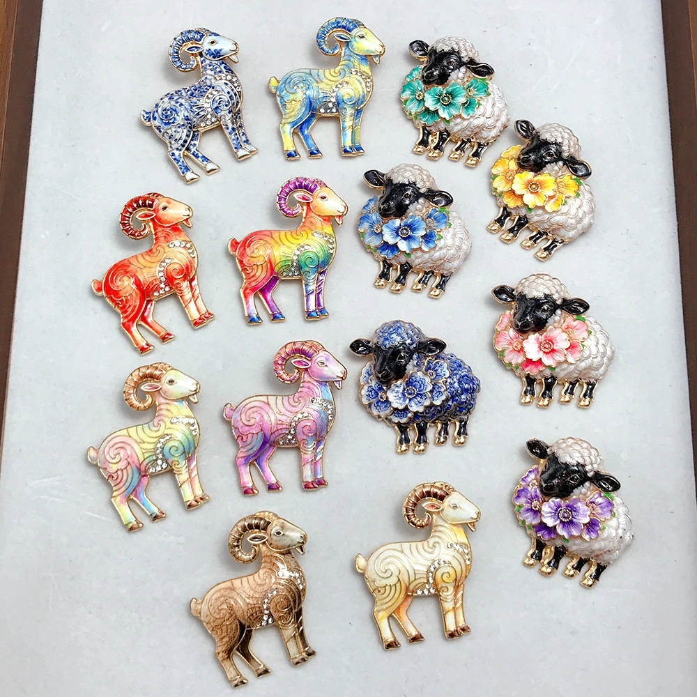 Goat Sheep Brooches Pins Cute Enamel Rhinestone 2 Design Zodiac Animal Brooch For Women Men New Year Fashion Jewelry Gifts