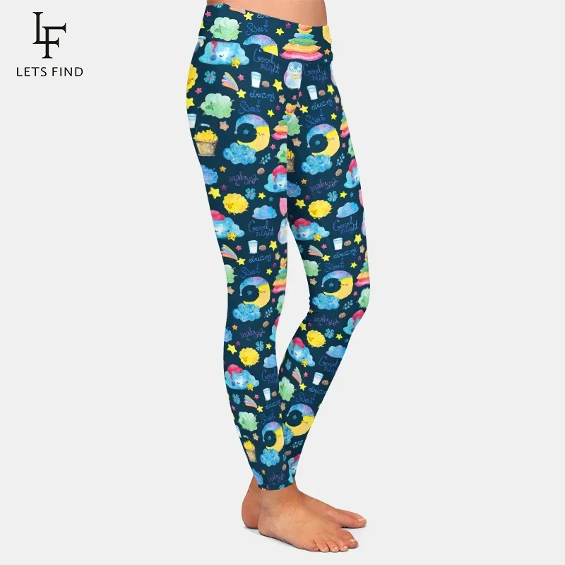 LETSFIND Cartoon Hand Drawing Elements simpatici animali e bambini stampano Leggings Fitness pantaloni da donna a vita alta