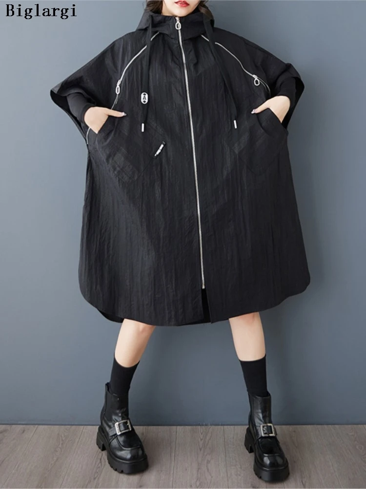 

Oversized Spring Hooded Trench Coat Women Loose Pleated Fashion Ladies Jackets Casual Woman Midi Trench Coats