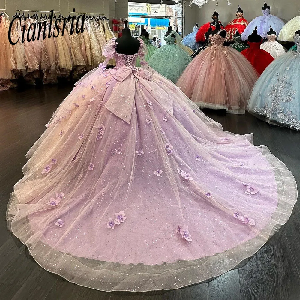 Lilac Puffy Sleeves Ball Gown Quinceanera Dresses Vestidos De 15 Años Quinceañeras With 3D Appliques