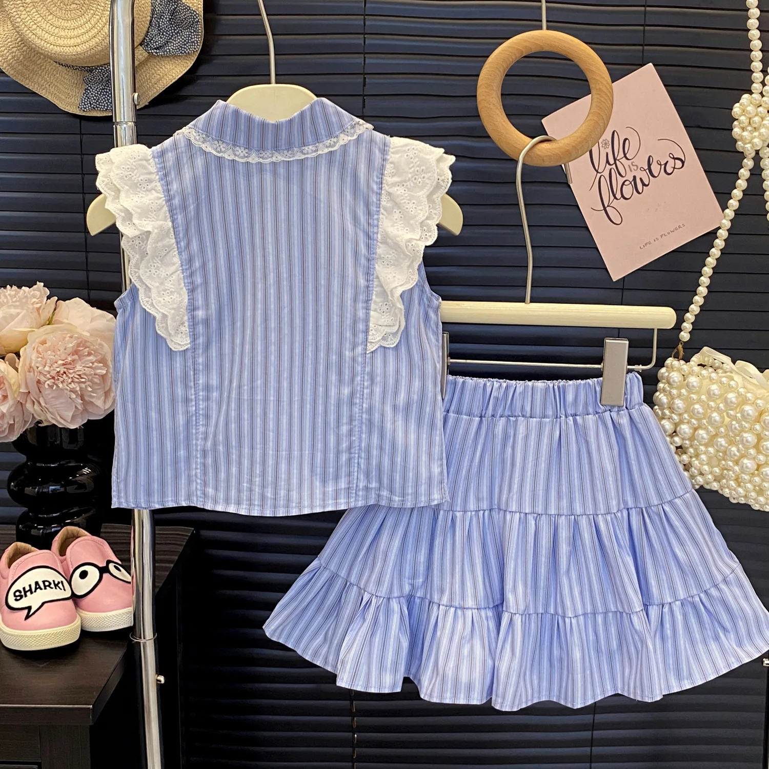 2026 New Summer  1-12Y  Girls 2 Piece Set Princess Style Short Sleeve Striped Shirt & Skirt Out for  90-140cm