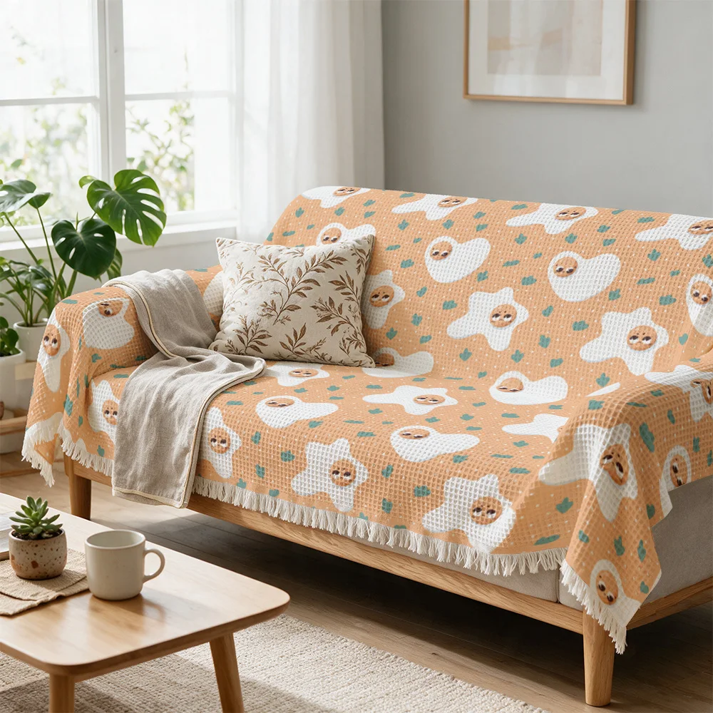 Cute Cartoon Sofa Throw Blanket Cover Beige Pattern Cozy Decorative Throw for Couch Seating Area Living Room Home Decor Accent D