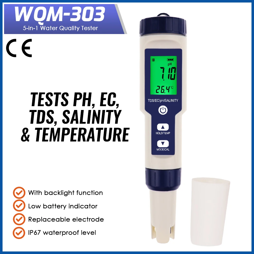 5 IN 1 PH Temperature TDS EC Salinity Meter Digital Waterproof With Automatic Calibration Function Water Quality PH Tester