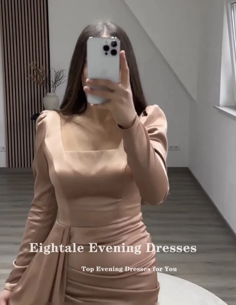 Eightale Formal Occasion Evening Dresses for Wedding Party Customized Satin Mermaid Champagne Long Sleeves Prom Gowns