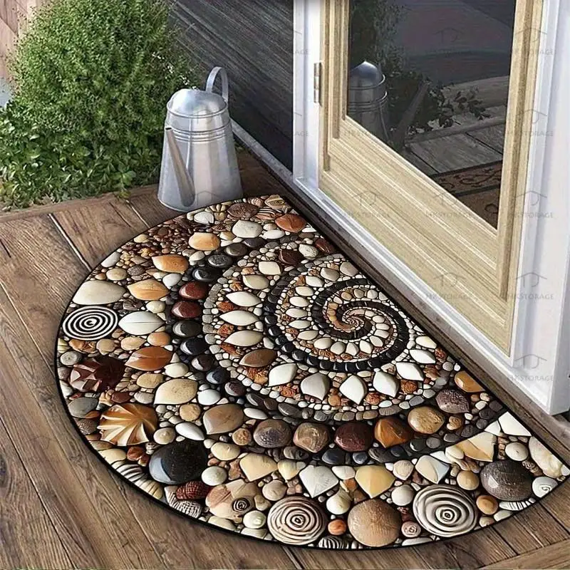 Half Round Gradient Pebble Mat, Non-slip Semicircle Doormat, Textured Stone Print, Absorbent Floor Rug for Entryway