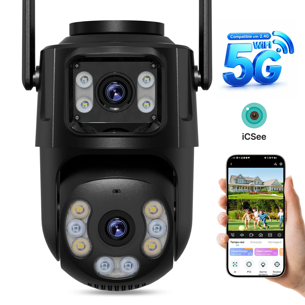 P2 Câmera IP PTZ Câmera de segurança WiFi para exteriores Rastreamento automático Câmera CCTV sem fio com lente dupla iCsee