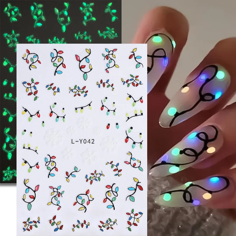 1 قطعة ملصقات أظافر عيد الميلاد المضيئة أضواء ملونة نجوم تصميم في الظلام النيون مسمار المنزلق ملصق مانيكير الزينة