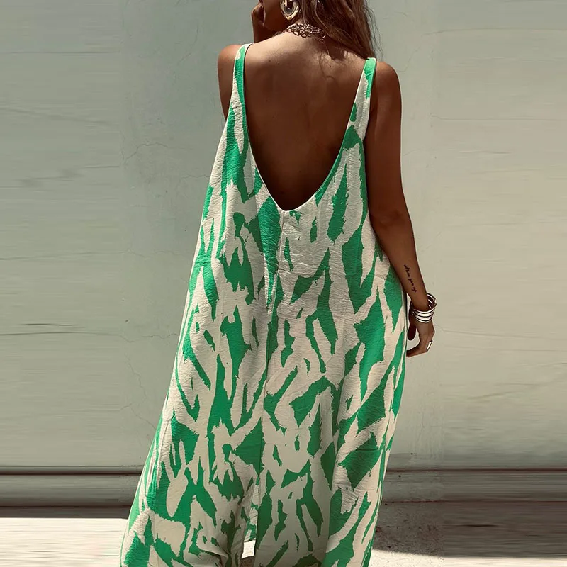 Women Sexy O Neck Backless Party Dress 2024 Spring Printed Loose Boho Long Dress Summer Sleeveless Tank Beach Maxi Dress Vestido