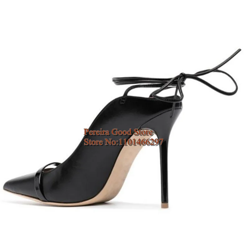 Sexy Ankle Wrap Lace up High Heel Mules Shoes Pointed Toe Black Leather Hollow Cover Heels Spring Autumn Dress Shoes