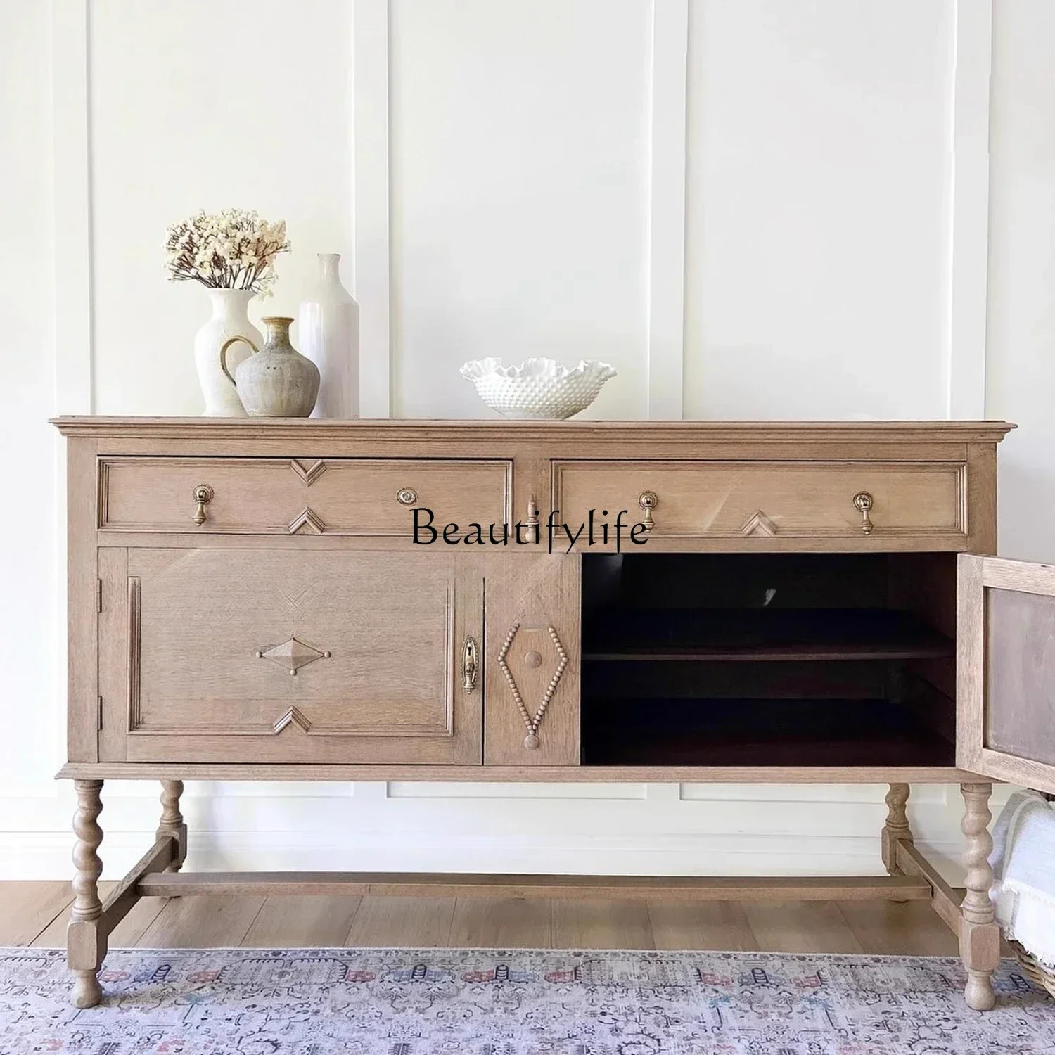 

French Retro Solid Wood Sideboard Cabinet for iving Room, Home Entrance Storage Rack, Wall-Mounted Storage Cabinet