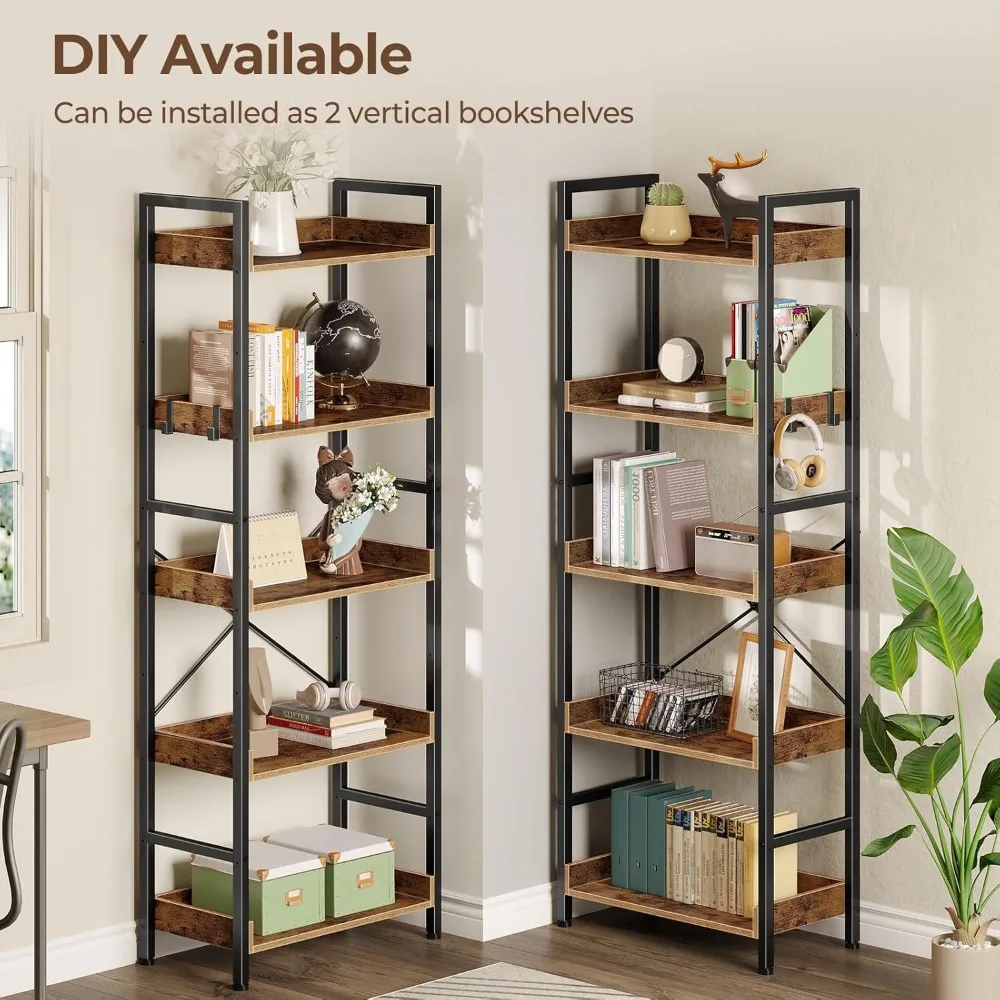 Bookshelf 5 Tiers with 4 Hooks, Triple Bookcase with Open Display Shelves, Industrial Wide Bookshelf with Metal Frame